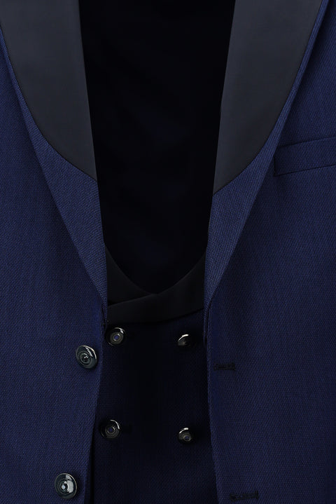 Koyu Lacivert 7 Drop Slim Fit Dar Kesim Sivri Yaka Yelekli Smokin & Damatlık