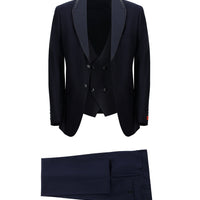 Koyu Lacivert Slim Fit Dar Kesim Şal Yaka Yelekli Smokin & Damatlık