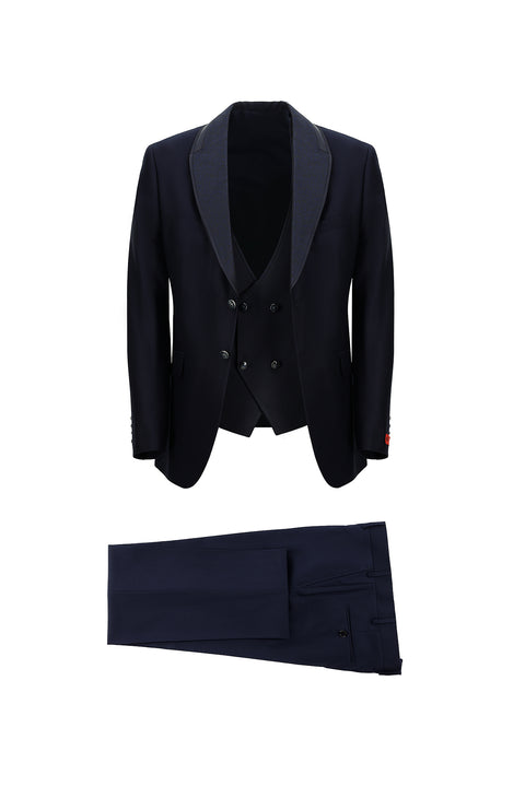 Koyu Lacivert 7 Drop Slim Fit Dar Kesim Şal Yaka Yelekli Smokin & Damatlık