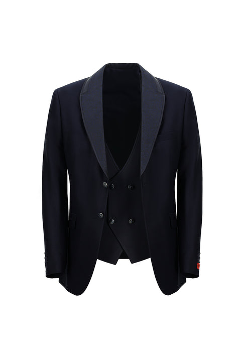 Koyu Lacivert 7 Drop Slim Fit Dar Kesim Şal Yaka Yelekli Smokin & Damatlık
