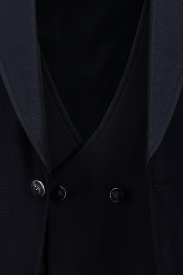 Koyu Lacivert Slim Fit Dar Kesim Şal Yaka Yelekli Smokin & Damatlık