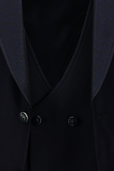 Koyu Lacivert 7 Drop Slim Fit Dar Kesim Şal Yaka Yelekli Smokin & Damatlık