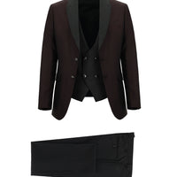 Koyu Bordo Slim Fit Dar Kesim Şal Yaka Yelekli Smokin & Damatlık