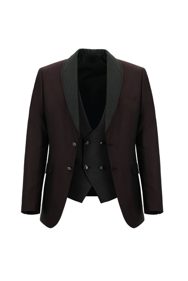  Koyu Bordo Slim Fit Dar Kesim Şal Yaka Yelekli Smokin & Damatlık