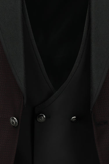 Koyu Bordo Slim Fit Dar Kesim Şal Yaka Yelekli Smokin & Damatlık