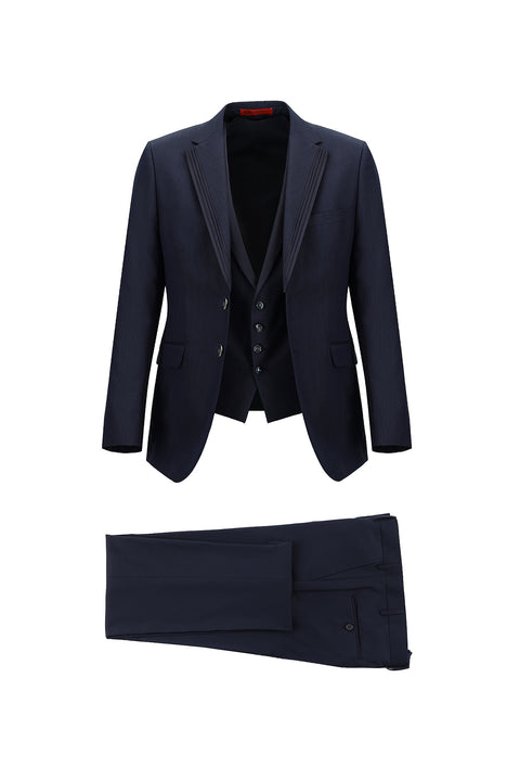 Medium Navy 7 Drop Slim Fit Narrow Cut Mono Collar Vest Tuxedo & Groom Suit