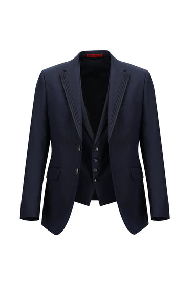  Orta Lacivert Slim Fit Dar Kesim Mono Yaka Yelekli Smokin & Damatlık