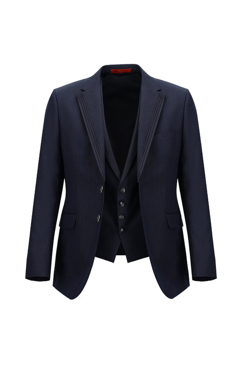 Medium Navy 7 Drop Slim Fit Narrow Cut Mono Collar Vest Tuxedo & Groom Suit