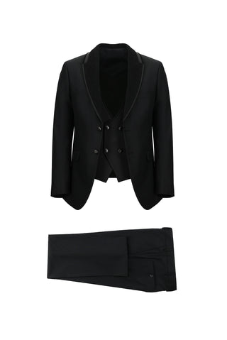  Siyah 7 Drop Slim Fit Dar Kesim Şal Yaka Yelekli Smokin & Damatlık