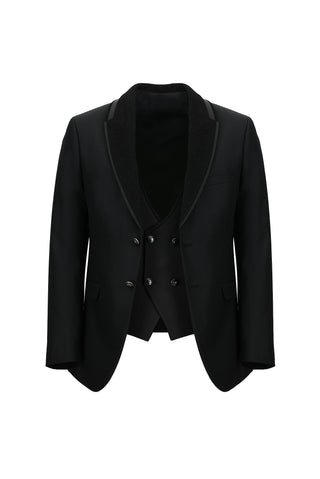  Siyah 7 Drop Slim Fit Dar Kesim Şal Yaka Yelekli Smokin & Damatlık
