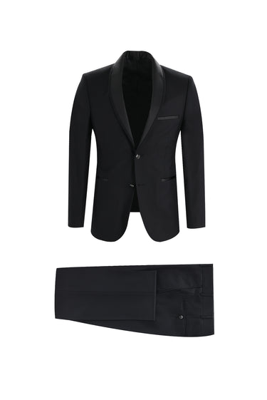 Siyah Slim Fit Dar Kesim Şal Yaka Smokin & Damatlık