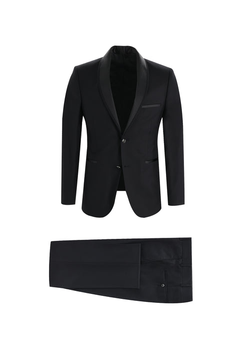 Siyah 7 Drop Slim Fit Dar Kesim Şal Yaka Smokin & Damatlık