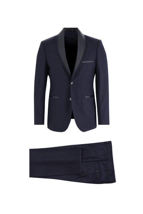 Koyu Lacivert 7 Drop Slim Fit Dar Kesim Şal Yaka Smokin & Damatlık