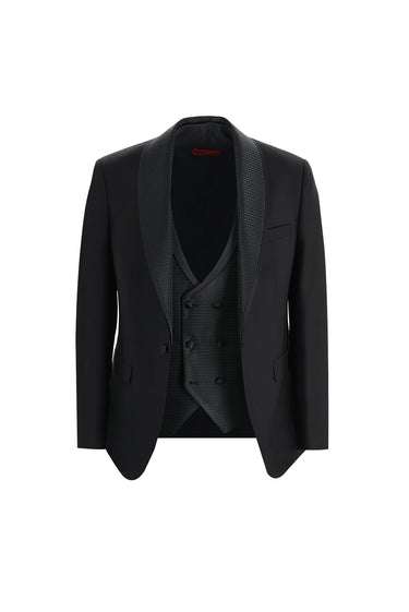  Siyah Slim Fit Dar Kesim Şal Yaka Yelekli Smokin & Damatlık