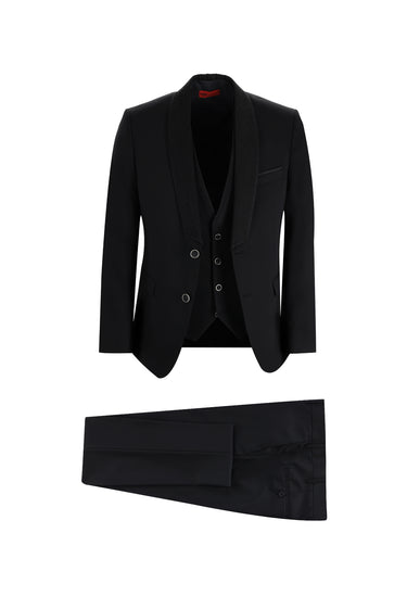  Siyah Slim Fit Dar Kesim Şal Yaka Yelekli Smokin & Damatlık