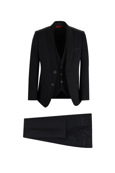Siyah 7 Drop Slim Fit Dar Kesim Şal Yaka Yelekli Smokin & Damatlık