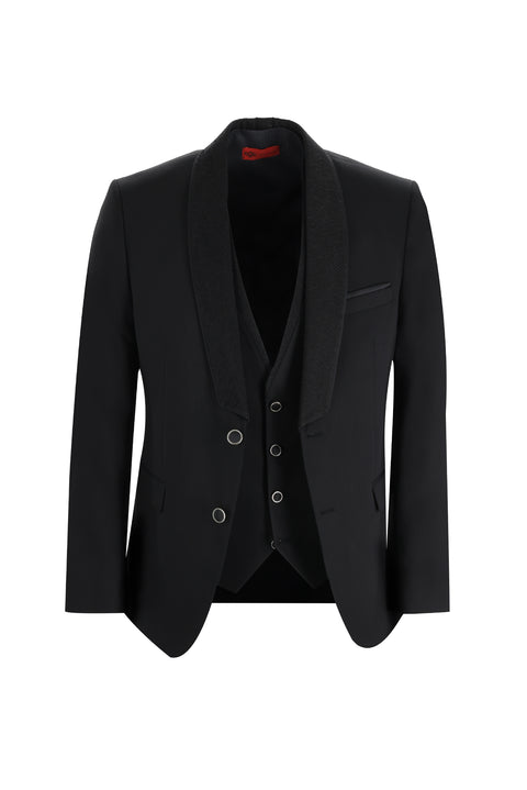 Siyah 7 Drop Slim Fit Dar Kesim Şal Yaka Yelekli Smokin & Damatlık