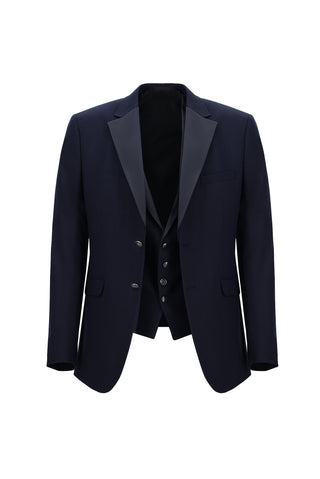 Orta Lacivert 7 Drop Slim Fit Dar Kesim Mono Yaka Yelekli Smokin & Damatlık