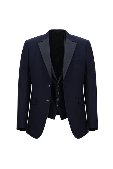  Orta Lacivert Slim Fit Dar Kesim Mono Yaka Yelekli Smokin & Damatlık