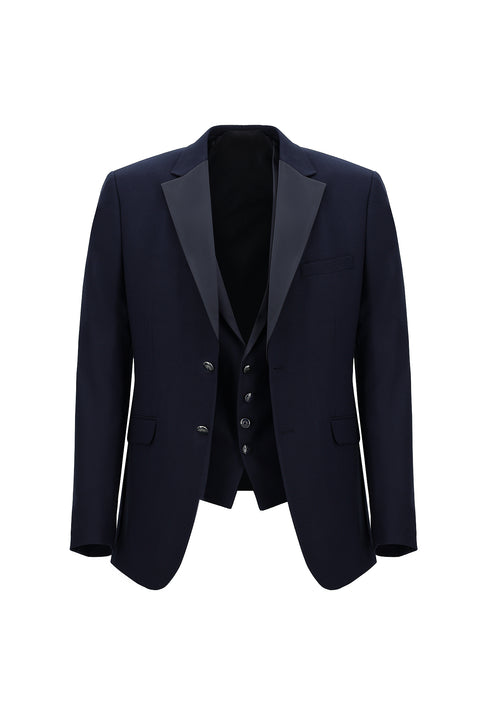 Orta Lacivert 7 Drop Slim Fit Dar Kesim Mono Yaka Yelekli Smokin & Damatlık