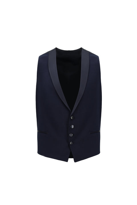 Orta Lacivert 7 Drop Slim Fit Dar Kesim Mono Yaka Yelekli Smokin & Damatlık