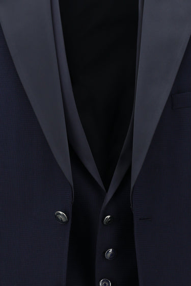 Orta Lacivert Slim Fit Dar Kesim Mono Yaka Yelekli Smokin & Damatlık