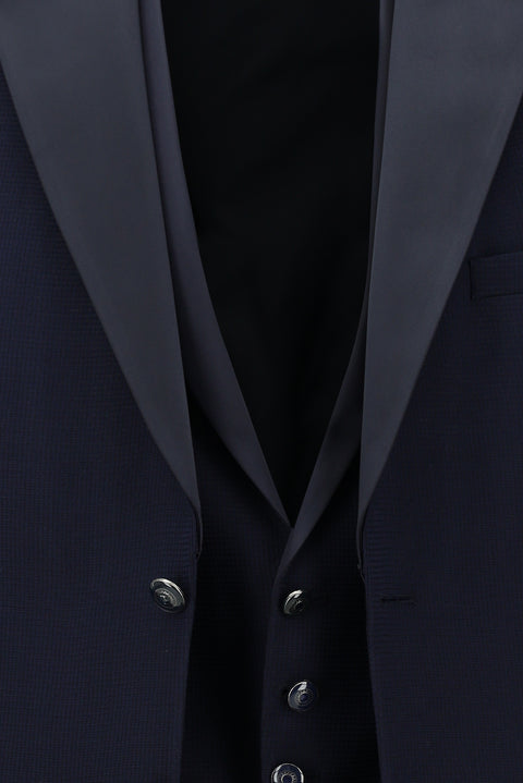 Orta Lacivert 7 Drop Slim Fit Dar Kesim Mono Yaka Yelekli Smokin & Damatlık
