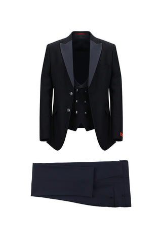  Koyu Lacivert 7 Drop Slim Fit Dar Kesim Şal Yaka Yelekli Smokin & Damatlık