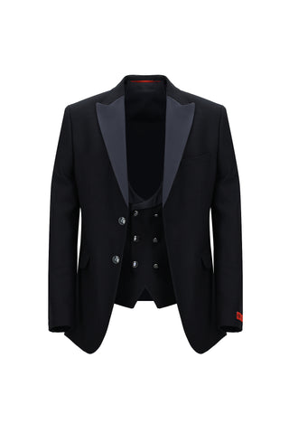  Koyu Lacivert 7 Drop Slim Fit Dar Kesim Şal Yaka Yelekli Smokin & Damatlık