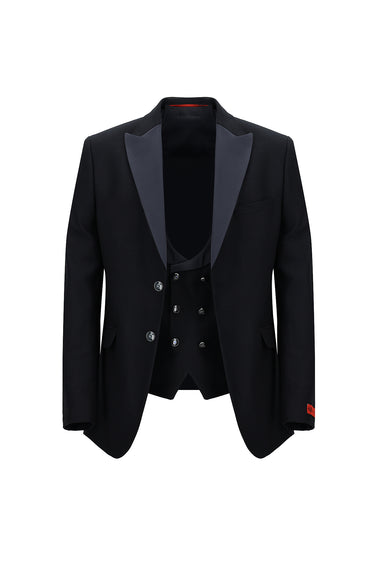  Koyu Lacivert Slim Fit Dar Kesim Şal Yaka Yelekli Smokin & Damatlık