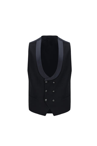  Koyu Lacivert 7 Drop Slim Fit Dar Kesim Şal Yaka Yelekli Smokin & Damatlık