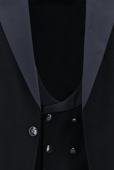 Koyu Lacivert Slim Fit Dar Kesim Şal Yaka Yelekli Smokin & Damatlık