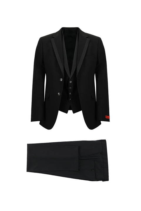 Siyah 7 Drop Slim Fit Dar Kesim Mono Yaka Yelekli Smokin & Damatlık