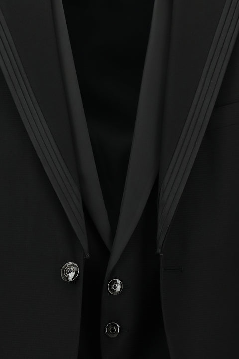 Siyah 7 Drop Slim Fit Dar Kesim Mono Yaka Yelekli Smokin & Damatlık