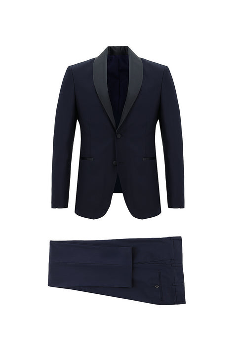 Koyu Lacivert 7 Drop Slim Fit Dar Kesim Şal Yaka Smokin & Damatlık