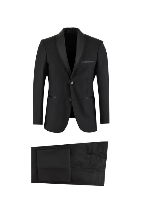 Siyah 7 Drop Slim Fit Dar Kesim Şal Yaka Smokin & Damatlık