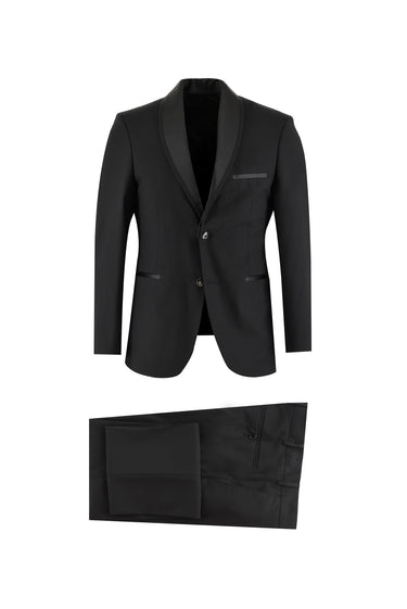 Siyah 7 Drop Slim Fit Dar Kesim Şal Yaka Smokin & Damatlık