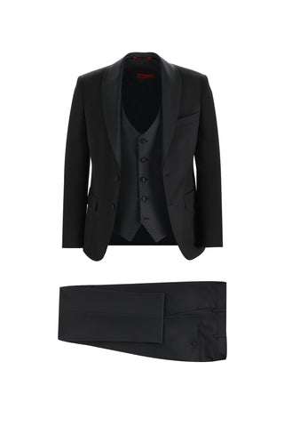  Siyah 7 Drop Slim Fit Dar Kesim Şal Yaka Yelekli Smokin & Damatlık