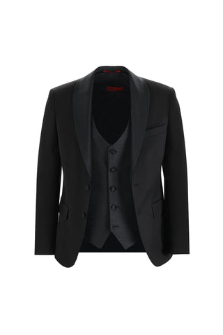  Siyah 7 Drop Slim Fit Dar Kesim Şal Yaka Yelekli Smokin & Damatlık