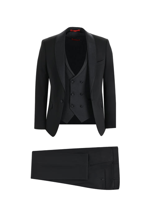 Siyah 7 Drop Slim Fit Dar Kesim Şal Yaka Yelekli Smokin & Damatlık