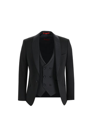  Siyah 7 Drop Slim Fit Dar Kesim Şal Yaka Yelekli Smokin & Damatlık