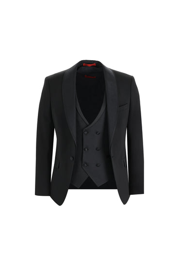 Siyah Slim Fit Dar Kesim Şal Yaka Yelekli Smokin & Damatlık