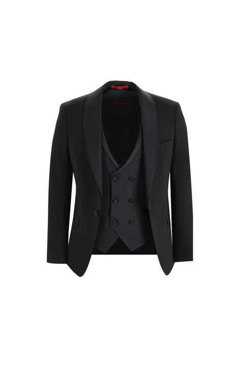 Siyah 7 Drop Slim Fit Dar Kesim Şal Yaka Yelekli Smokin & Damatlık