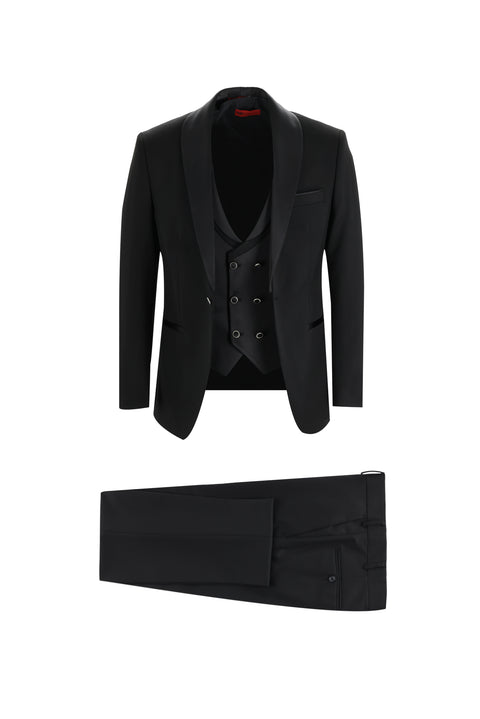 Black 7 Drop Slim Fit Narrow Cut Shawl Collar Vest Tuxedo & Groom Suit
