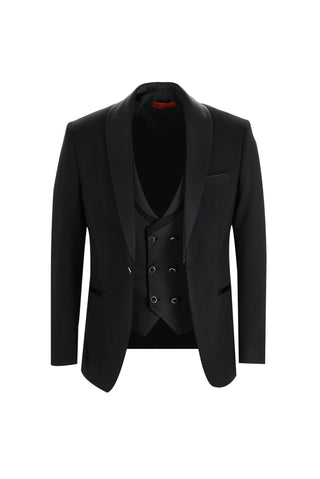  Siyah 7 Drop Slim Fit Dar Kesim Şal Yaka Yelekli Smokin & Damatlık