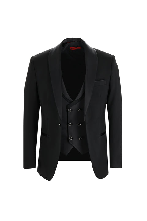 Black 7 Drop Slim Fit Narrow Cut Shawl Collar Vest Tuxedo & Groom Suit