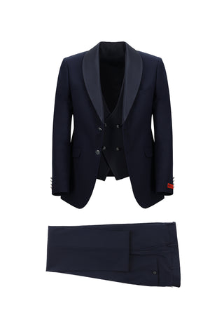  Koyu Lacivert Slim Fit Dar Kesim Şal Yaka Yelekli Smokin & Damatlık