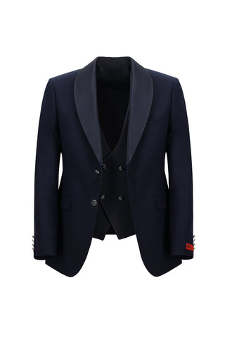  Koyu Lacivert Slim Fit Dar Kesim Şal Yaka Yelekli Smokin & Damatlık