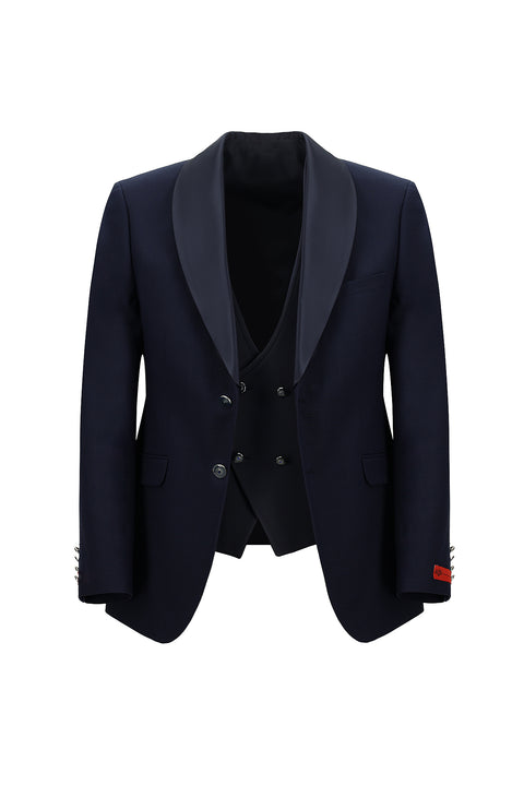 Koyu Lacivert 7 Drop Slim Fit Dar Kesim Şal Yaka Yelekli Smokin & Damatlık