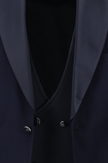 Koyu Lacivert Slim Fit Dar Kesim Şal Yaka Yelekli Smokin & Damatlık
